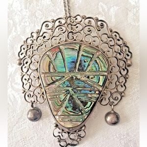 Vintage 1940's Carved Abalone Signed Sterling Silver Filigree Taxco Necklace